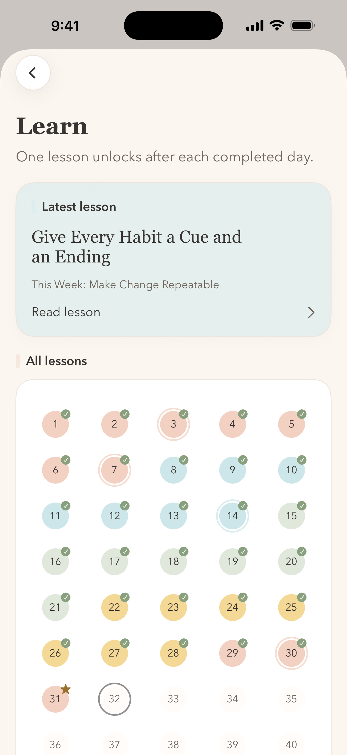 Believe Learn library with 31 lessons unlocked on iPhone